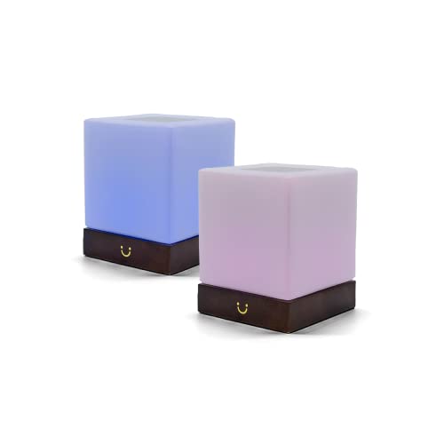 LuvLink Cube Friendship Lamp v2 Extended WiFi Range - Bluetooth Setup - Wood & Glass Design (Set of Two, Walnut)