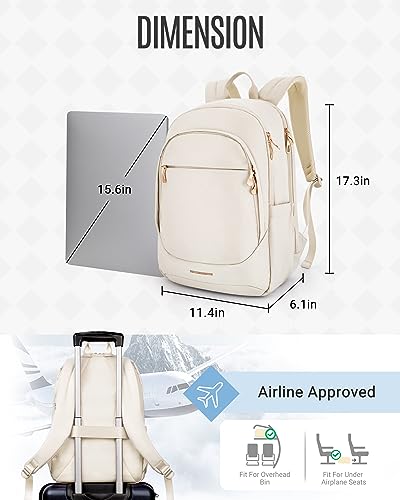 LIGHT FLIGHT Travel Laptop Backpack for Women, 15.6 Inch Anti Theft Backpack with USB Charging Hole, Water Resistant College Bookbag, Large Capacity Black Computer Backpacks for Work, Beige