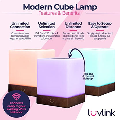 LuvLink Cube Friendship Lamp v2 Extended WiFi Range - Bluetooth Setup - Wood & Glass Design (Set of Two, Walnut)