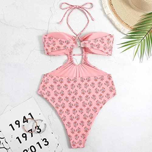 Two Pieces Swimsuits for Women Sheer Cover Ups Cheeky Push Up Bathing Suits with Wrap Skirt Halter Flattering High Cut Bikini Set Floral Sexy Plunge Summer Brazilian Swimwear Pink Halter M