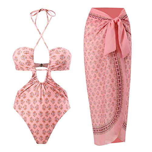 Two Pieces Swimsuits for Women Sheer Cover Ups Cheeky Push Up Bathing Suits with Wrap Skirt Halter Flattering High Cut Bikini Set Floral Sexy Plunge Summer Brazilian Swimwear Pink Halter M