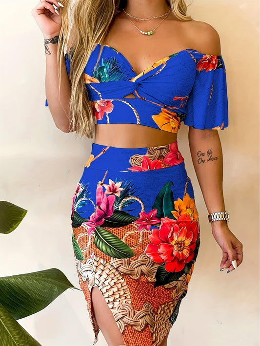 Boho Floral Print Two-piece Set, Vacation Off Shoulder Twist Crop Top & Split High Waist Skirt Outfits, Women's Clothing